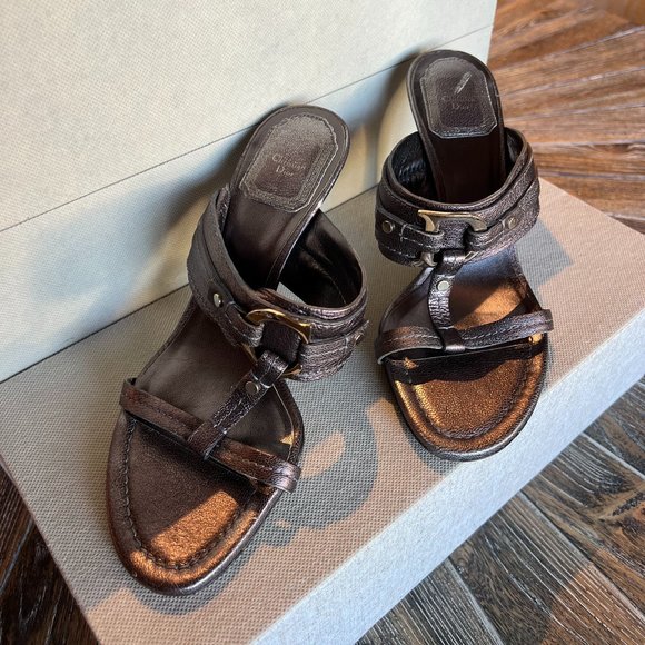 Vintage Christian Dior Y2K Metallic Mule-Sandal Heels With CD Logo - Picture 1 of 8